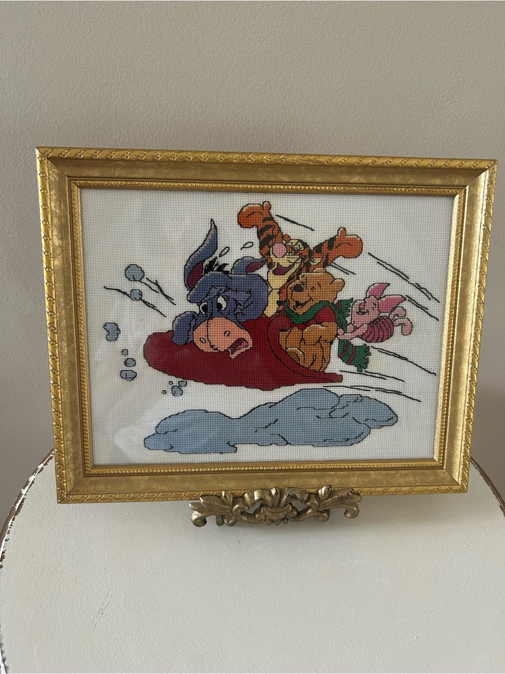 Winnie the Pooh Sledding Cross-Stitch Wall Art - Gold Frame